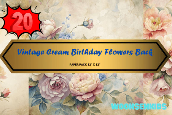 20 Vintage Cream Birthday Flowers Background Watercolor PNG KDP Digital Paper