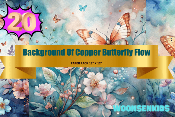 Beautiful Background of Copper Butterfly Flowers Watercolor PNG KDP Digital Paper