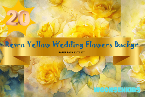 Beautiful Retro Yellow Wedding Flowers Background Watercolor PNG KDP Digital Paper