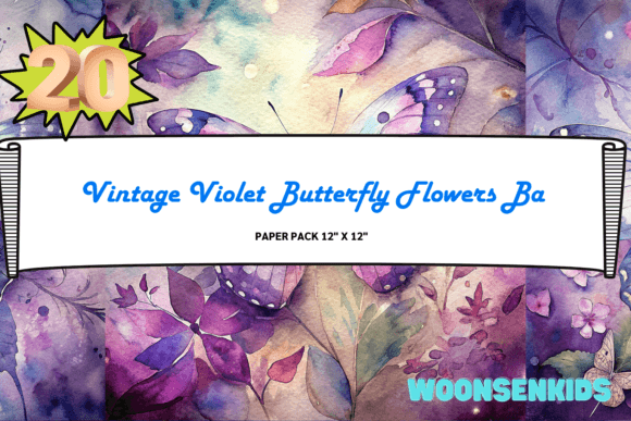 Best Vintage Violet Butterfly Flowers Background Watercolor PNG KDP Digital Paper