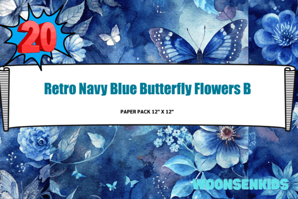 New Retro Navy Blue Butterfly Flowers Background Watercolor PNG KDP Digital Paper