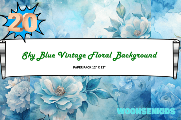 New Sky Blue Vintage Floral Background Watercolor PNG KDP Digital Paper