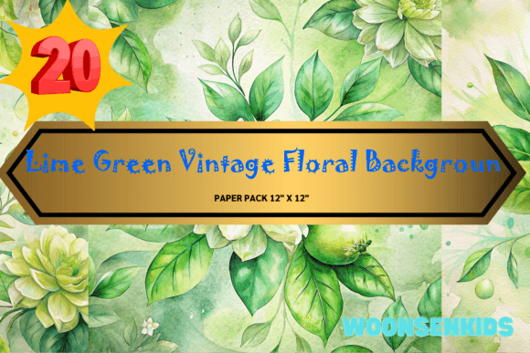 Top Lime Green Vintage Floral Background Watercolor PNG KDP Digital Paper